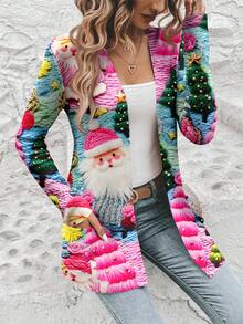 SHEIN LUNE Cárdigan de mujer casual y acogedor para uso diario y de commute, con estampado de Papá Noel y textura de piel sintética en rosa, verde y azul, de corte holgado y de manga larga con bolsillos, cómodo para otoño/invierno