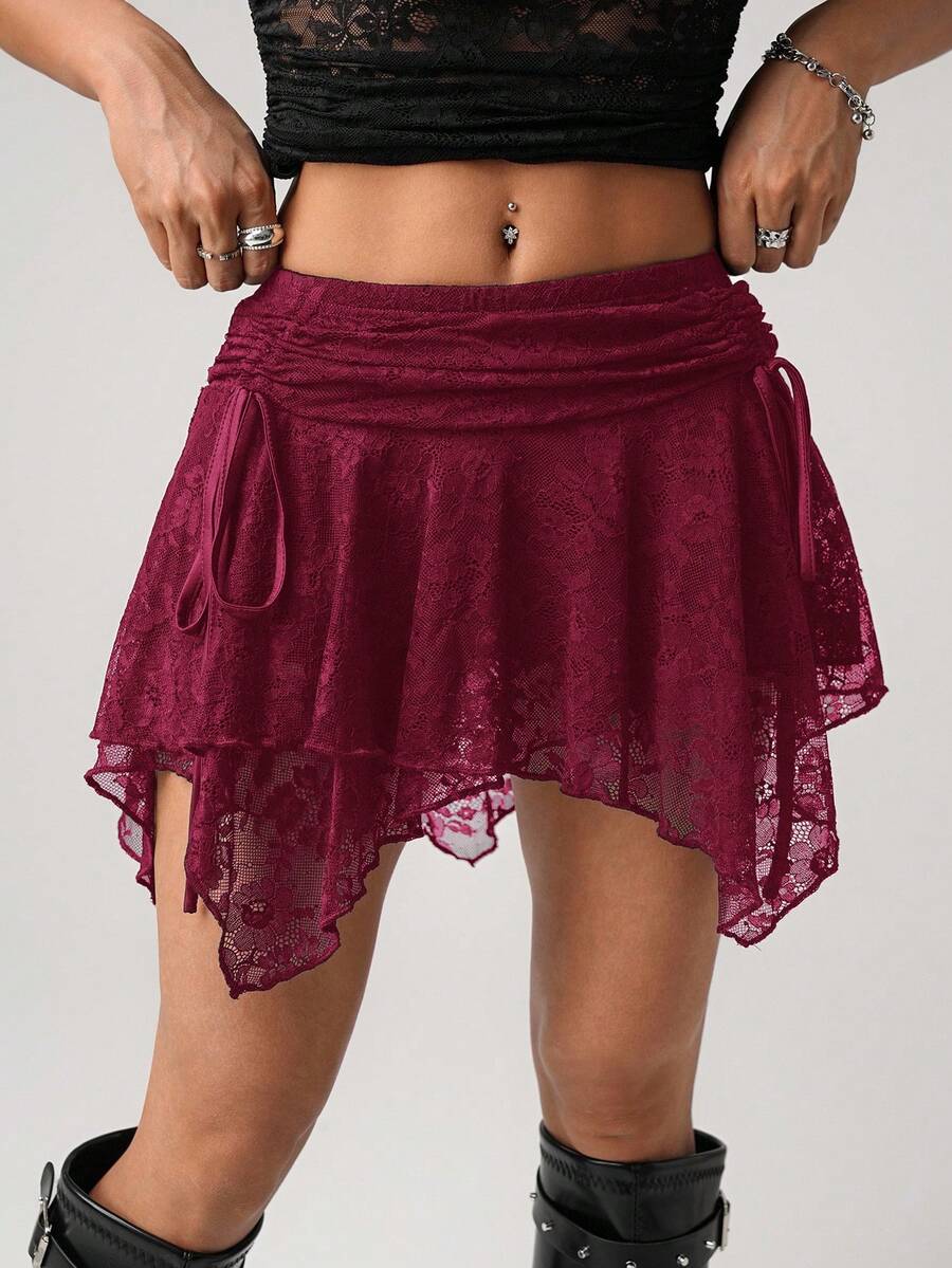 SHEIN ICON 性感撞色蕾丝不对称下摆铅笔裙 - 酒紅色 - 查看 1