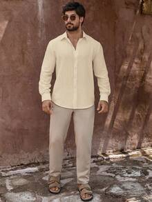 Manfinity Homme Men's Mature Vacation Linen Blend Long Sleeve Shirt - Champagne - View 5