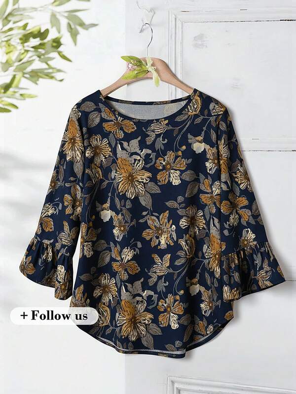 Rusticease Große Größen Bluse mit Blume Muster, eleganter Glockenärmel und geschwungener Saum