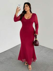 SHEIN Privé 加大码优雅纯色露背连衣裙，适合派对 - 酒紅色 - 查看 7