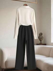 Franclia Apricot Button-Up Shirt & Pants Set For Women - Black - View 2