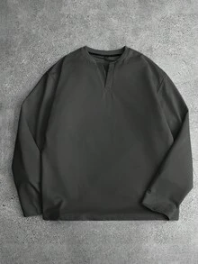 Manfinity Hypemode Áo thun nam tay dài cổ khoét màu trơn, thường ngày, mùa thu - Màu xám đen - Xem 1