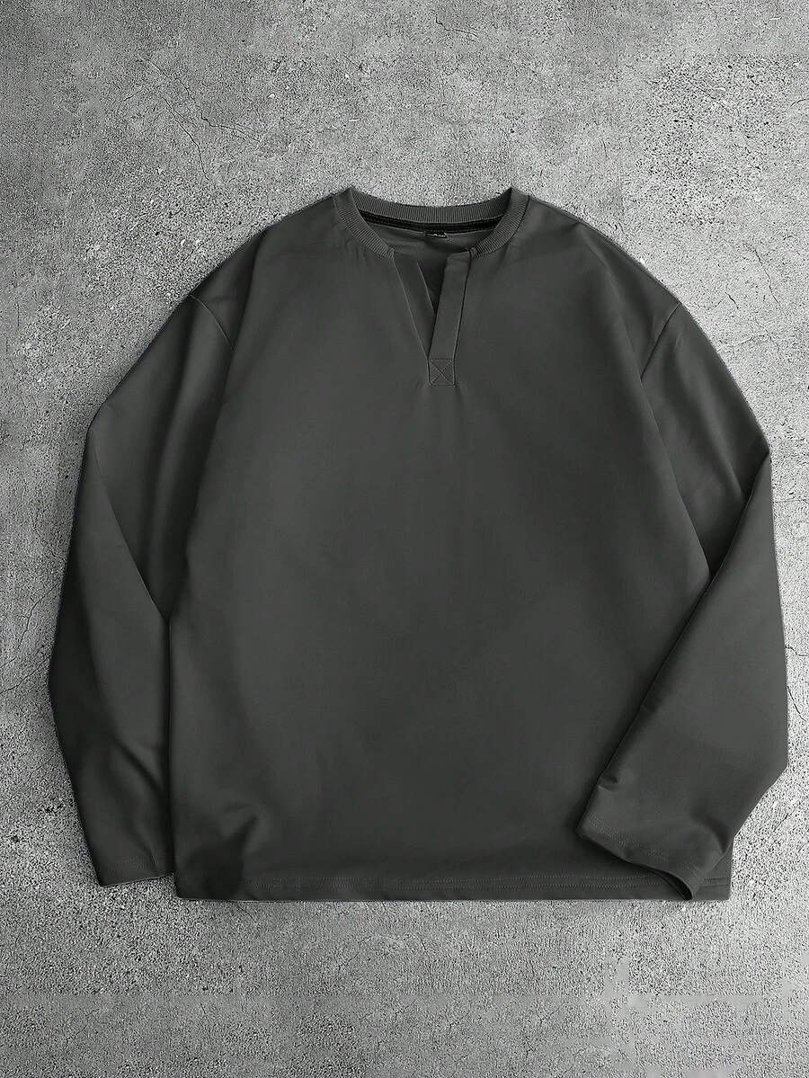 Manfinity Hypemode Áo thun nam tay dài cổ khoét màu trơn, thường ngày, mùa thu - Màu xám đen - Xem 1