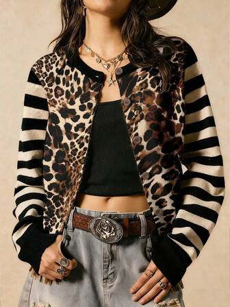 Easelle Women's Retro Striped & Leopard Print Patchwork Cardigan Autumn Winter Clothes For Women