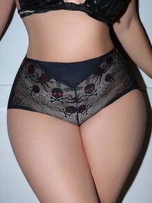 SHEIN Plus Size Women Lace Patchwork Skeleton Print Panty, 1pc - Black - View 3