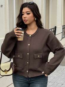 Dazy Plus Plus Size Loose Fit Solid Color Pocket Round Neck Long Sleeve Cardigan, Autumn/Winter - Coffee Brown - View 5