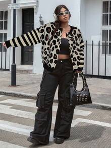 SHEIN EZwear Cardigan lavorato a maglia con spalle cadenti, maniche lunghe, in taglie comode, con motivo leopardato e a righe, adatto per l'autunno/inverno - nero - Visualizzare 5