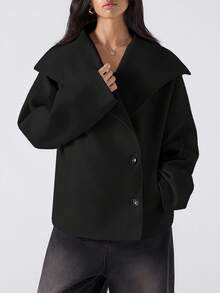 LYSMO 女士纯色长袖单排扣休闲宽松常规外套，秋冬款 - 黑色 - 查看 8