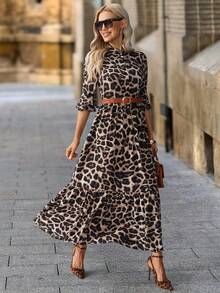 Solivie 女士豹纹简约长袖连衣裙，休闲日常穿着 - 彩色 - 查看 3