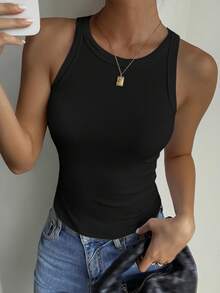 DAZY Camiseta de tirantes elegante de unicolor y ajuste ceñido, adecuada para otoño e invierno - Negro - Ver 5