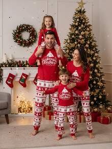 SHEIN 1 套男婴圣诞树和字母印花圆领长袖上衣搭配全印花费尔岛圣诞树紧身裤秋季睡衣，圣诞主题服装 - 紅色 - 查看 6