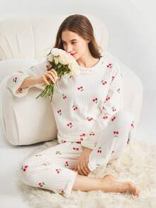 Bonmuse 两件套女士冬季睡衣套装，简约樱桃印花加绒长袖上衣和长裤家居服，可外穿