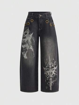 Grunge Punk Jeans femme taille basse, style vintage grunge oversize avec imprimé personnage d'anime et épines, style de rue décontracté