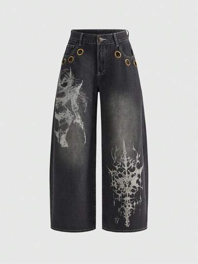 Grunge Punk Loose Fit Grunge Vintage Oversized Anime Character & Thorn Print Women Low Waist Jeans, Casual Street Style