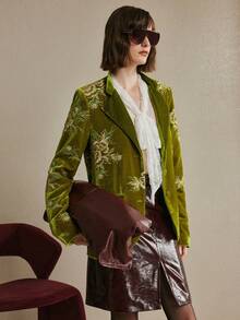 Arave Women's Velvet Fabric, Rounded Placket, Padded Shoulders, Sequined And Beaded Embroidery Design, Everyday Commuting, Regular Winter Coat For Women New Year's For Women Valentine's Day - Green - View 8