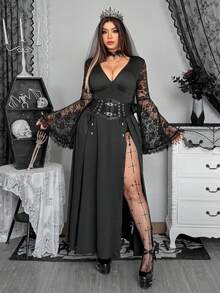 Whyspr 大码女式 V 领长袖喇叭袖蕾丝拼布网眼透明优雅复古休闲可爱性感朋克哥特派对万圣节双开衩长裙 - 黑色 - 查看 5