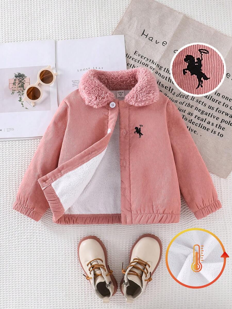 SHEIN Explorewe 少女骑士图案仿毛领长袖休闲羊毛夹克，秋冬 - 藕粉色 - 查看 1