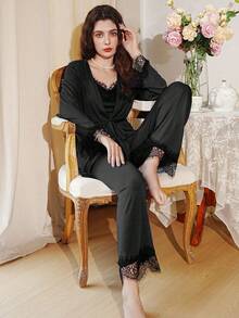 3pcs/Set Ladies Casual Lace Patchwork Pajama Set , Fall Winter Clothes Cozy And Elegant Details - Black - View 1