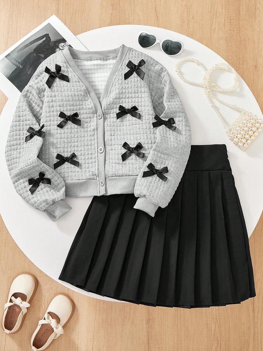 2pcs/Set Girls' Valentine's Day Pink Bow White Jacket And Pink Pleated Skirt - Multicolor - View 1