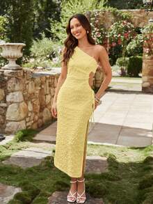 KARISMINA 度假休闲纹理单肩抽绳腰部镂空开衩女式长裙 - 黃色 - 查看 3