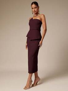 Silquee Women's Elegant Commuter Tube Top & Skirt Suit Set - Burgundy - View 4