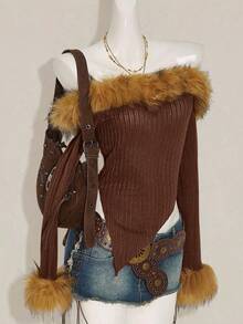 SHEIN ICON 秋季女式西部波西米亚风复古棕色蓬松外出纯色毛绒拼接露肩长袖不对称下摆时尚衬衫 - 摩卡棕 - 查看 4