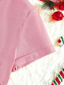 SHEIN LUNE Christmas Santa Claus Graphic Print Casual Loose Fit Round Neck Short Sleeve T-Shirt For Women, Suitable For Autumn, New Year Party - Dusty Pink - View 4