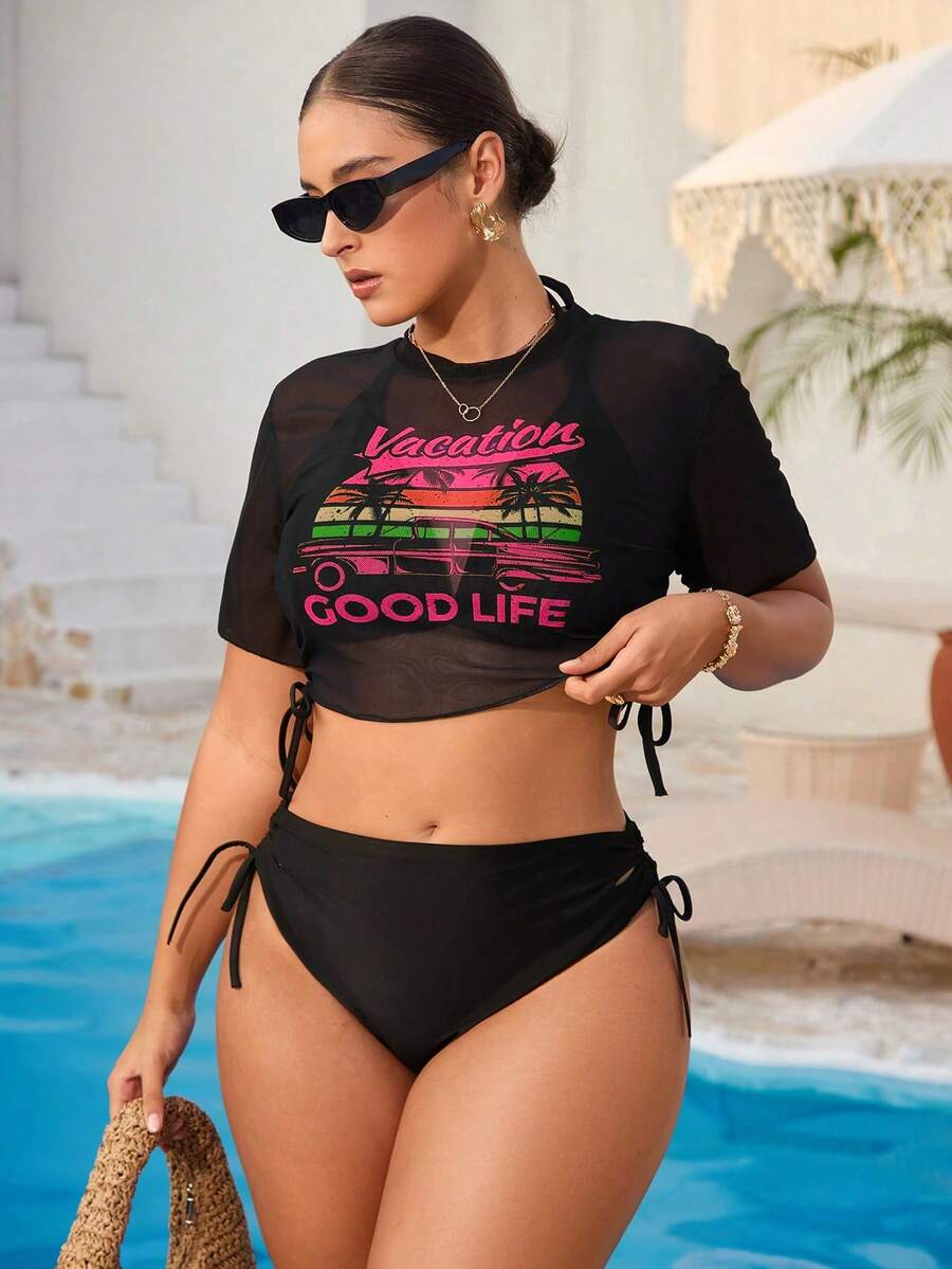 Swim Vcay Bộ đồ bơi bikini 3 mảnh họa tiết cây nhiệt đới cỡ lớn dành cho nữ, thời trang thường ngày khi đi biển - Nhiều màu - Xem 1