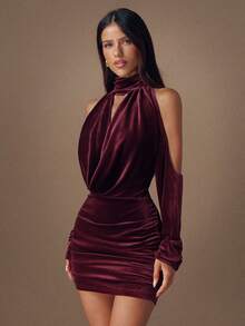 SHEIN BAE Women's Burgundy Summer 70's Club Night Party Disco Off-Shoulder Long-Sleeve Gathered Waist Fitted Mini Dress Elegant Cocktail Formal Occasions - Coffee Brown - View 5
