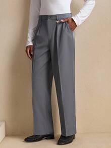 AKNOTIC Men's Casual Business Commute Striped Print Slant Pocket Seam Front Suit Pants - Grey - View 6