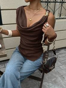 Siren Gaze Women's Asymmetric Neck Draped Ruched Waist Blouse, Sexy Elegant Office Lady Top, Featuring Metal Button Decor On Shoulder, Fashionable, Commute, Elegant, Sexy, Holiday, Beach, Hawaii, Draped Neck, Outerwear Brown Summer Casual - Coffee Brown - View 7