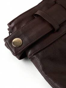 Ellevyn Chân váy ngắn chữ A bằng da PU màu đỏ tía đính nút trang trí thời trang dành cho nữ - Màu Đỏ Sâu - Xem 5