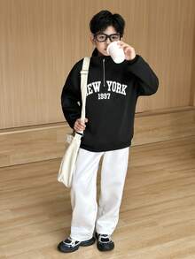 SHEIN Little Byeori 2 件套青少年男孩韩版休闲运动夹克，立领字母印花和松紧腰裤套装，适合通勤、上学、休闲外出、运动、春夏季 - 黑色 - 查看 5