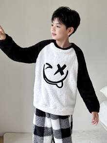 SHEIN 青少年男孩秋冬图案撞色插肩袖裤子格子羊毛睡衣套装 - 黑與白 - 查看 5