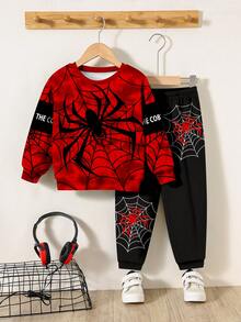 SHEIN 2 件套年轻男童休闲时尚蜘蛛与英文字母可爱卡通扎染 Y2K 保暖运动衫套装，适合夏季 - 彩色 - 查看 2
