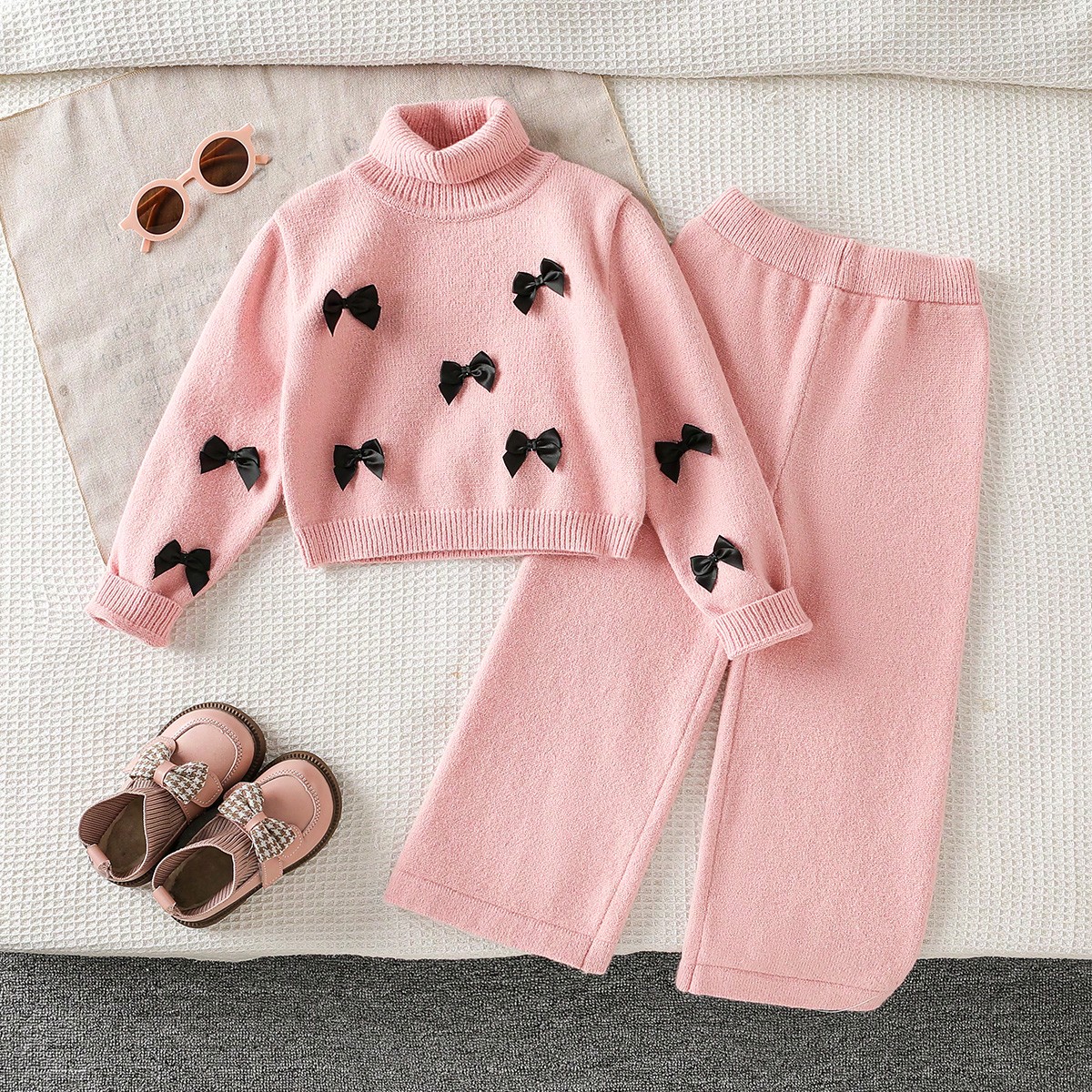 Set de 2 piezas de suéter y pantalones a juego con moño para niñas jóvenes, color rosa, cómodo para el hogar, la escuela, el uso diario, las fies