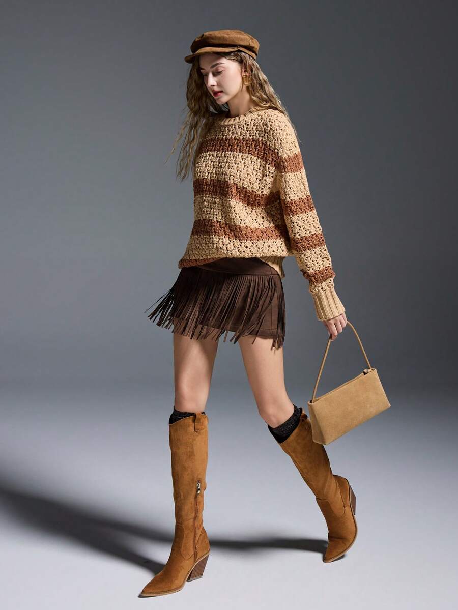 INAWLY 复古美式 V 领镂空套头衫，宽松版型 - 彩色 - 查看 1