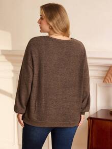 Rosumi Moletom casual plus size de cor sólida, outono/inverno - Castanho Café - Ver 2