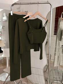 Franclia 3 PiecesCasual Everyday Matching Camisole, Cardigan, And Elastic Waist Straight Pants Knit Set For Women, Autumn/Winter - Green - View 2