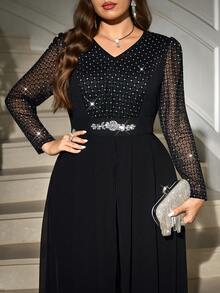 Ellevyn 大码优雅派对银箔网眼拼布连体裤 - 黑色 - 查看 14