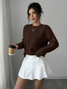 Elenzga Suéter de cuello redondo para mujer con estampado floral y unicolor - Marrón - Ver 5