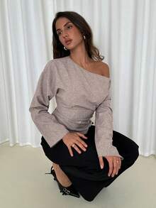 Aloruh Women's Fall/Winter Elegant Asymmetrical Shoulder Side Slit Top For Women,Elegant Tops For Women,Office Wear Women,Teacher Outfits Women - Khaki - View 9