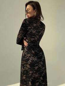 Aloruh Đầm ren tay dài thiết kế cổ buộc gợi cảm cho nữ - màu đen - Xem 2