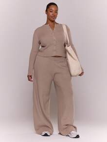 MUSERA Plus Size Button Up Long Sleeve Cardigan Relaxed Elasticated Knit Trousers Ribbed Knit Set Classy Sexy Streetwear Night Out Spring - Grey - View 1
