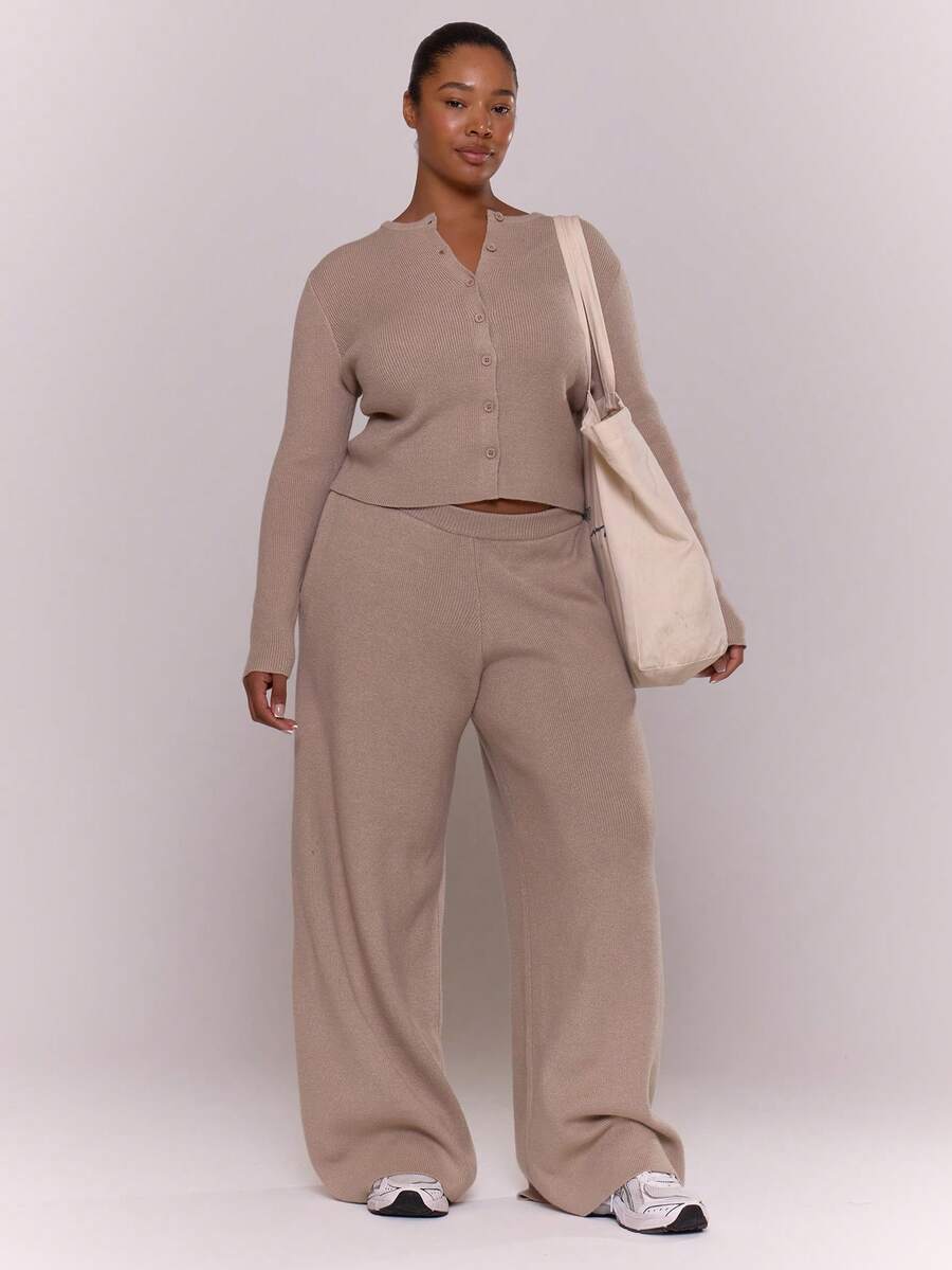 MUSERA Plus Size Button Up Long Sleeve Cardigan Relaxed Elasticated Knit Trousers Ribbed Knit Set Classy Sexy Streetwear Night Out Spring - Grey - View 1