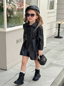 SHEIN Elladie kids Young Girl Casual Fashion Long Sleeve Single-Breasted Leather Jacket - Black - View 6