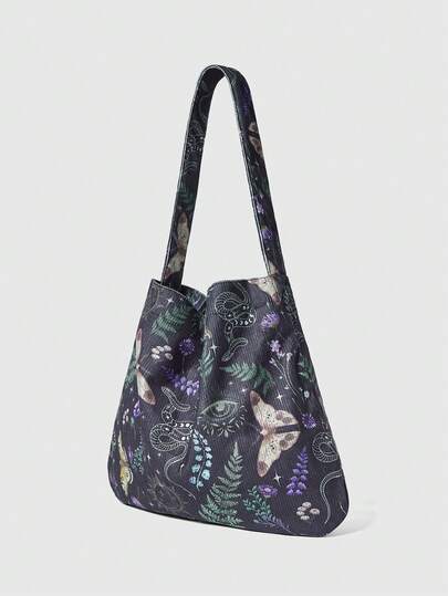 Fairycore 1pc Floral Butterfly Pattern Large Capacity Shoulder Tote Bag, Suitable For Camping, Travel, Shopping, School, Work And More