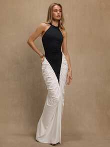 SHEIN BAE Women's Black & White Patchwork Halter Neck Sleeveless V-WaisRucheded Fishtail Hem Elegant Dress, Suitable For Romantic Dates, Banquets, Elegant Outings, Parties, Wedding Guest Dresses,  Holiday Dresses,Birthday Dress