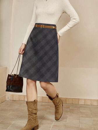 Cévolie Women's Casual Commuting College Style Patterned Print A-Line Skirt With Belt